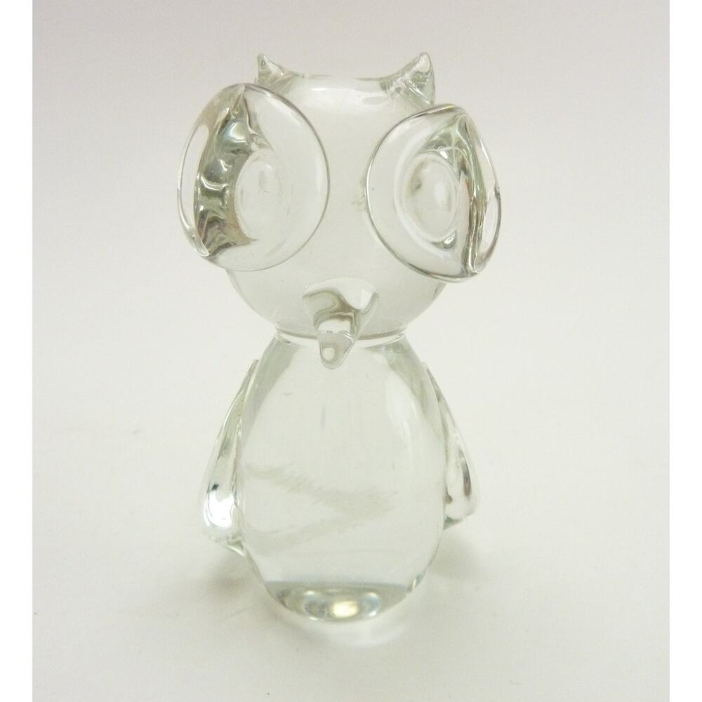 Vintage Clear Glass Owl Figurine Small Paperweight Bird Statue Art Glass Decor